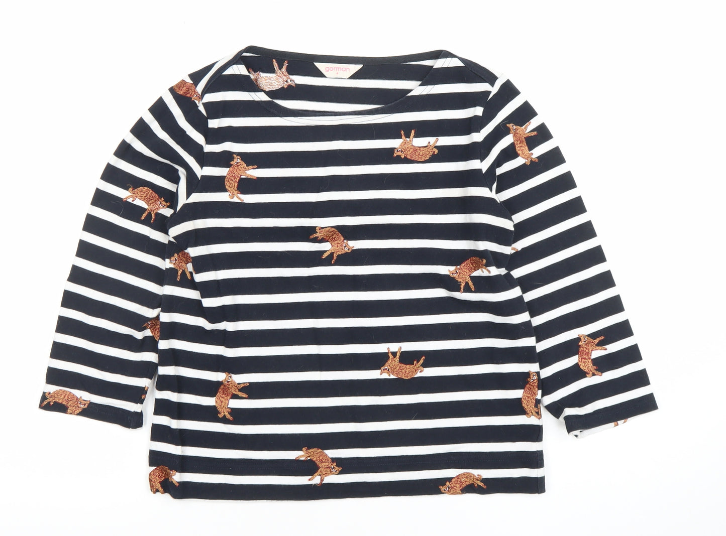 Gorman Women Black White Striped Cat Embroidered Long Sleeve Top Size 6