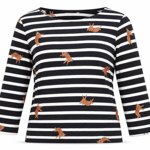 Gorman Women Black White Striped Cat Embroidered Long Sleeve Top Size 6