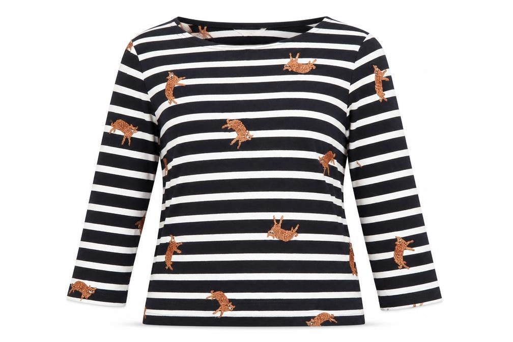 Gorman Women Black White Striped Cat Embroidered Long Sleeve Top Size 6