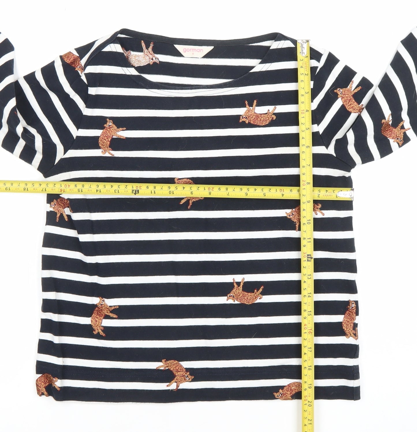 Gorman Women Black White Striped Cat Embroidered Long Sleeve Top Size 6