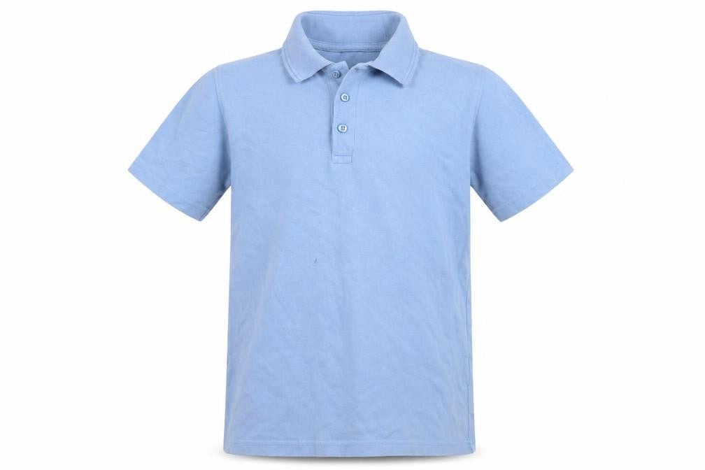 Front view of St. Bernard boys’ blue cotton polo shirt 10-11 years button-down collar