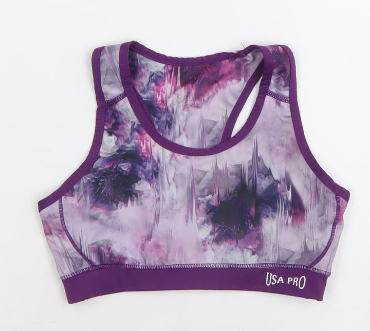 USA Pro Women's Purple Abstract Racerback Sports Bra Size 13-14 Medium Support
