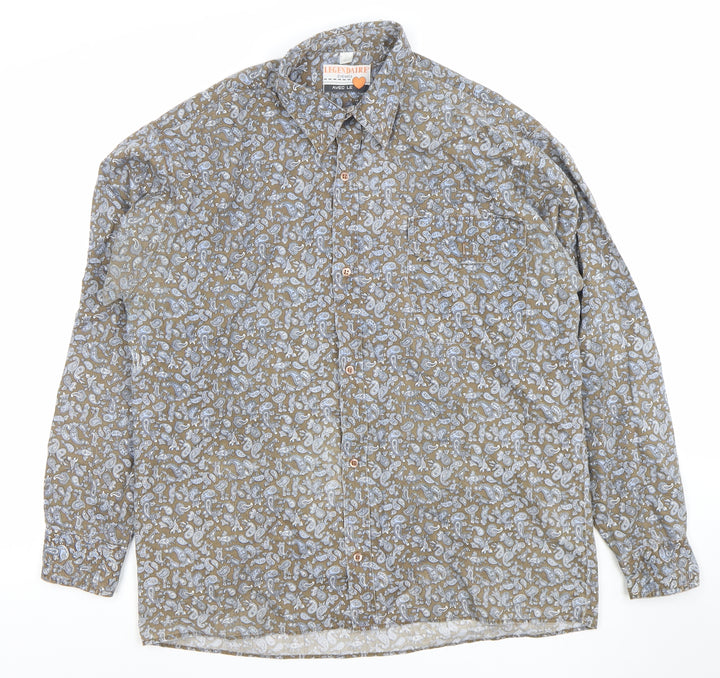 Legendaire Men's Brown Paisley Cotton Long Sleeve Button-Up Shirt L