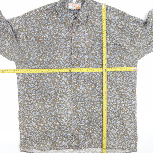 Legendaire Men's Brown Paisley Cotton Long Sleeve Button-Up Shirt L