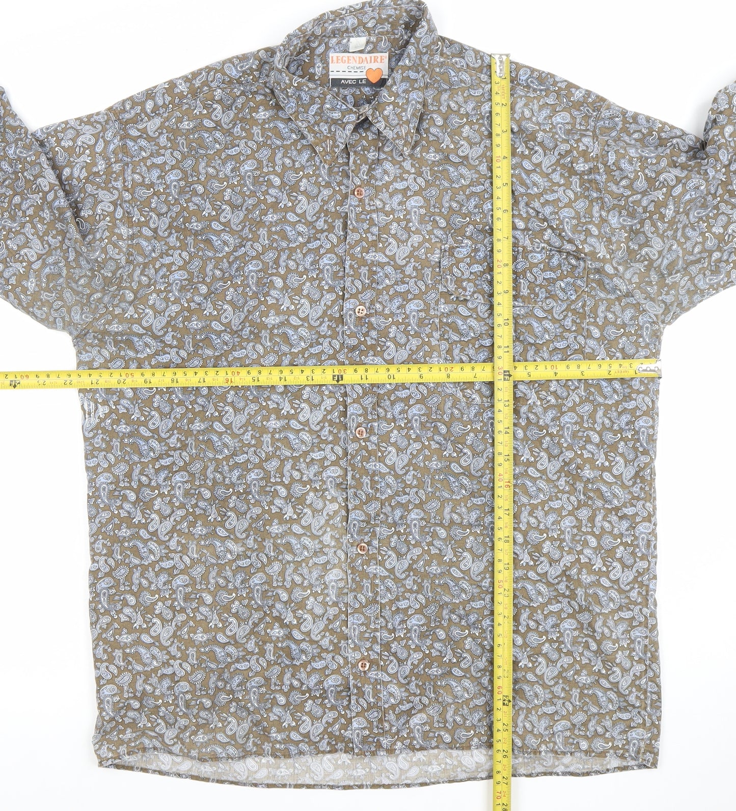Legendaire Men's Brown Paisley Cotton Long Sleeve Button-Up Shirt L