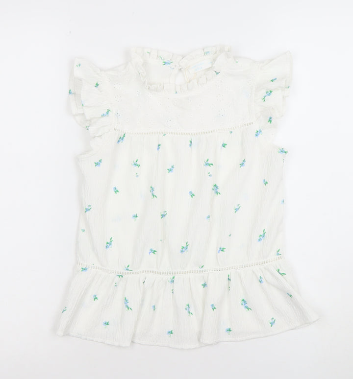 Leigh Tucker Willow Girls White Floral Ruffle Blouse 9-10 Years