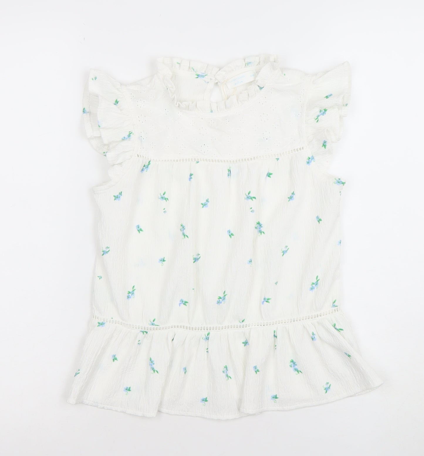 Leigh Tucker Willow Girls White Floral Ruffle Blouse 9-10 Years