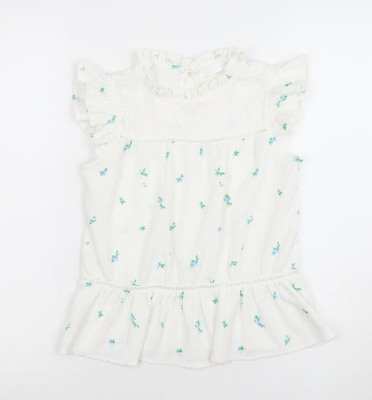 Leigh Tucker Willow Girls White Floral Ruffle Blouse 9-10 Years