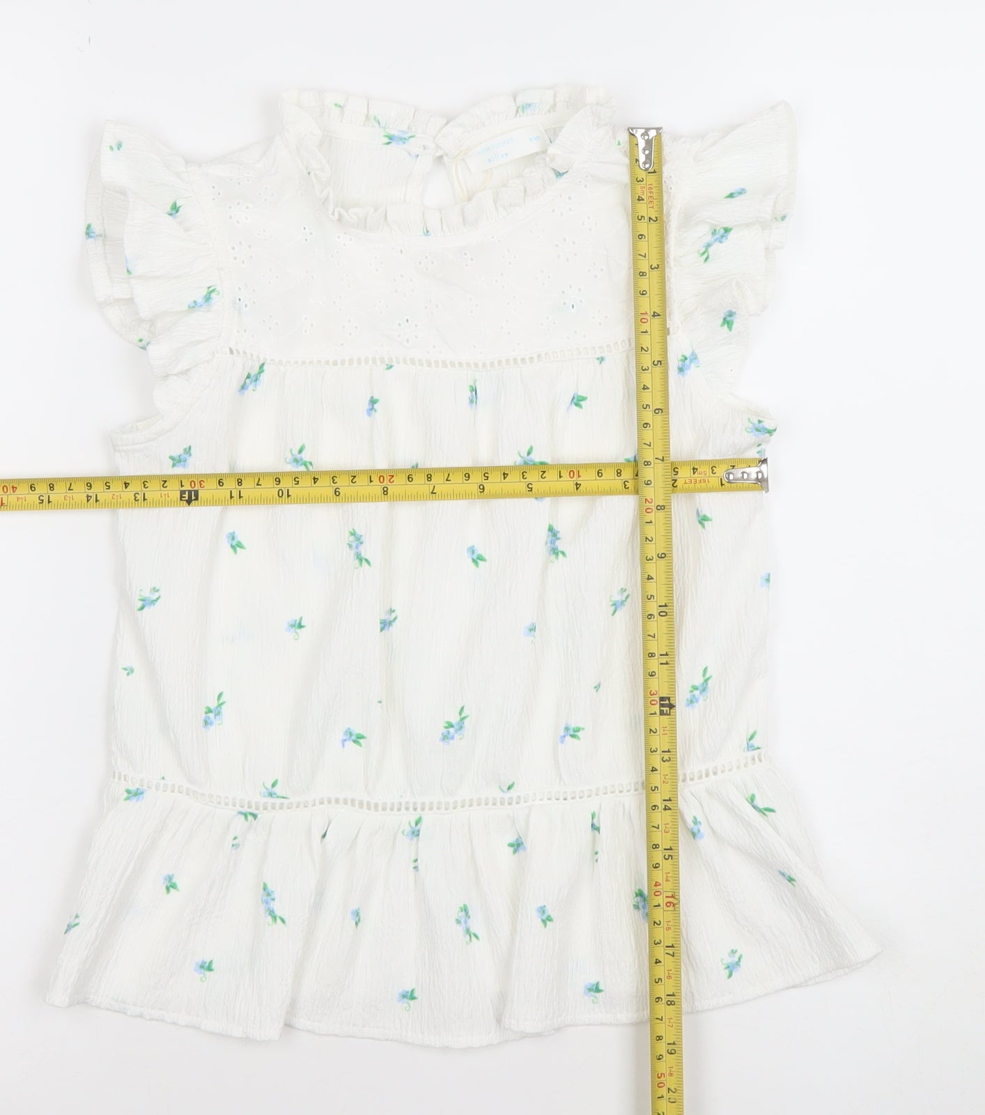 Leigh Tucker Willow Girls White Floral Ruffle Blouse 9-10 Years