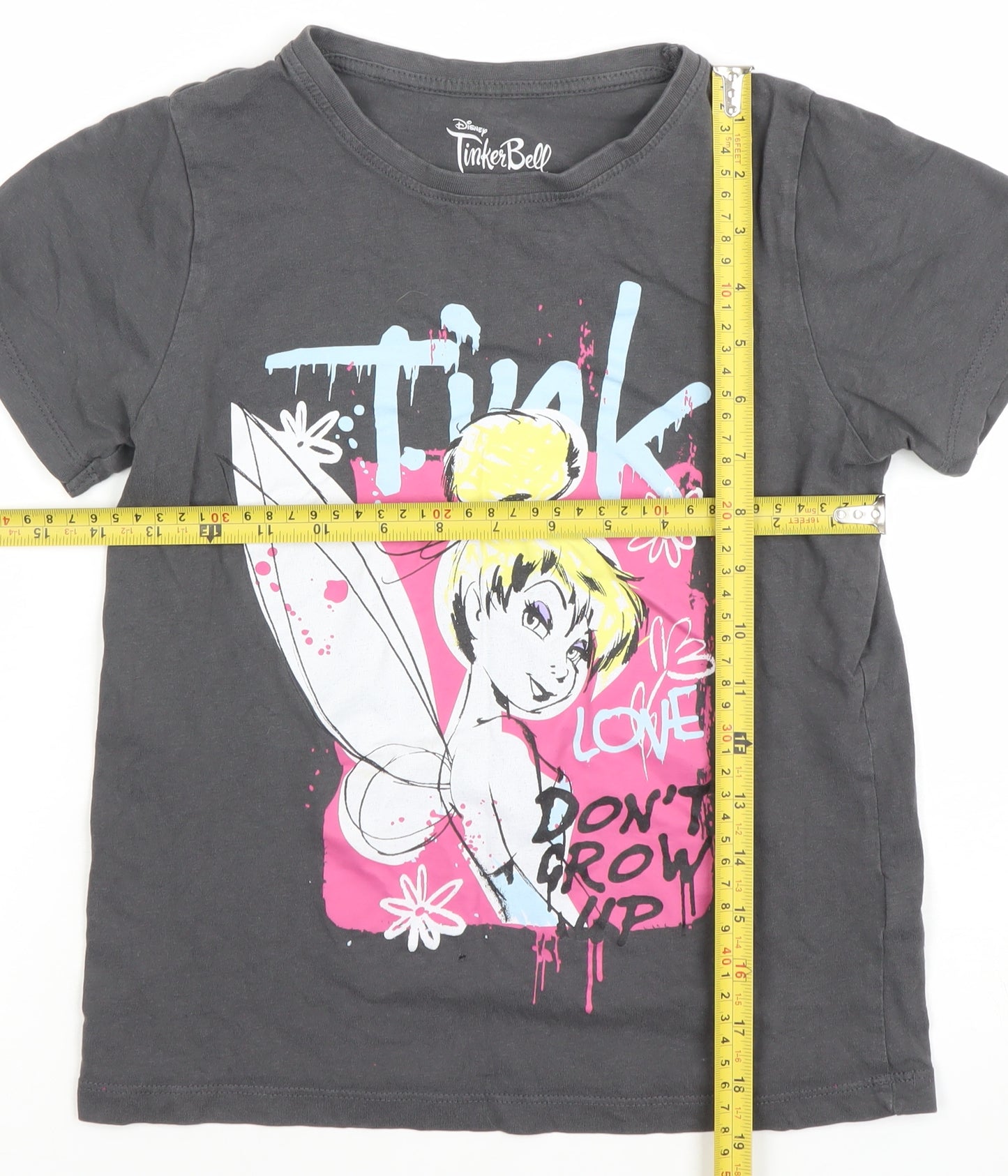 Disney Tinker Bell Girls Black Graphic T-Shirt 10-11 Years Cotton