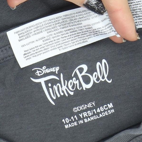 Disney Tinker Bell Girls Black Graphic T-Shirt 10-11 Years Cotton