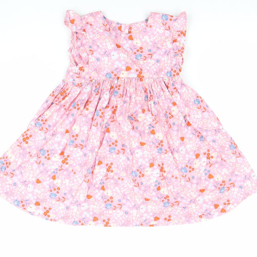 Tu Girls Pink Floral Cotton A-Line Dress 3-4 Years Ruffle Sleeve