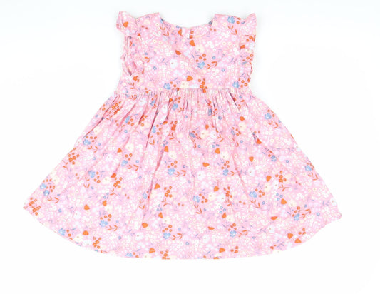Tu Girls Pink Floral Cotton A-Line Dress 3-4 Years Ruffle Sleeve