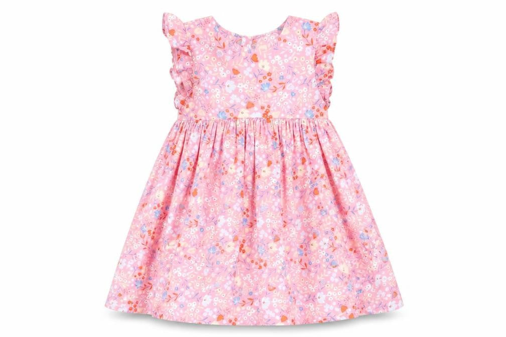 Tu Girls Pink Floral Cotton A-Line Dress 3-4 Years Ruffle Sleeve