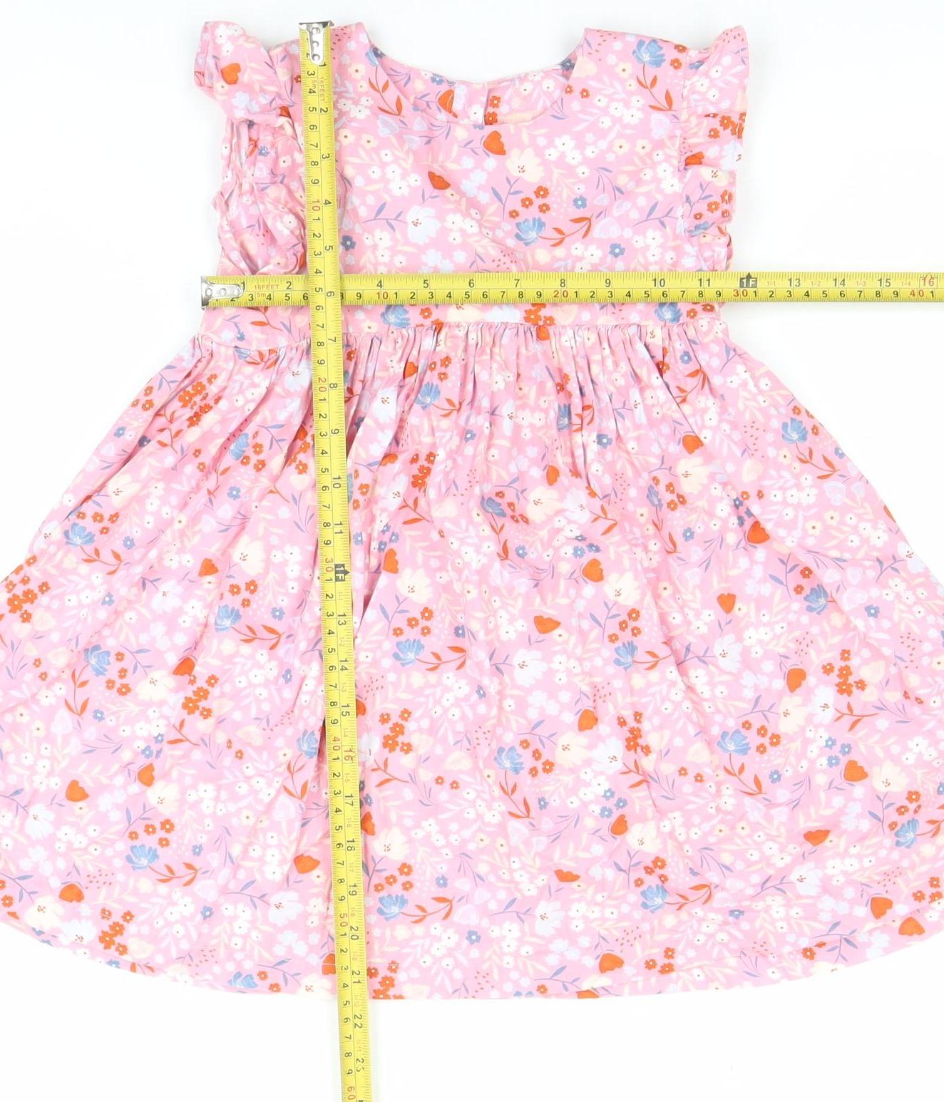 Tu Girls Pink Floral Cotton A-Line Dress 3-4 Years Ruffle Sleeve
