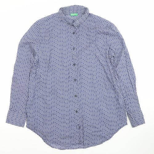 United Colors of Benetton Women's Blue Geometric Cotton Button-Up Shirt Size S