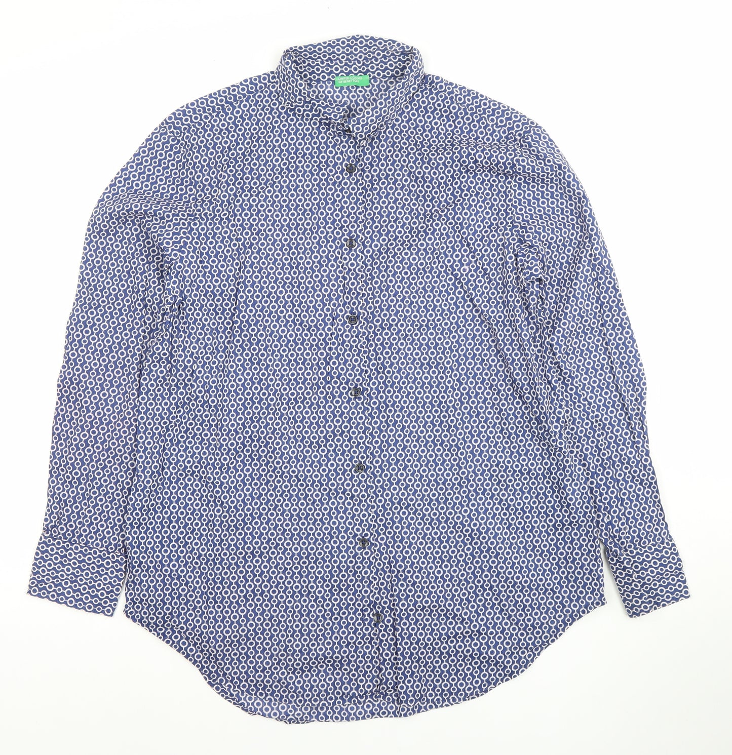 United Colors of Benetton Women's Blue Geometric Cotton Button-Up Shirt Size S