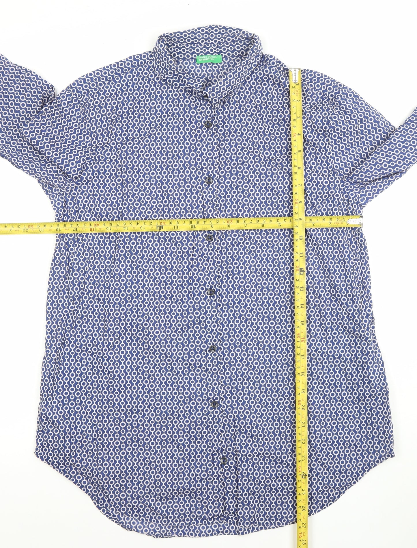 United Colors of Benetton Women's Blue Geometric Cotton Button-Up Shirt Size S