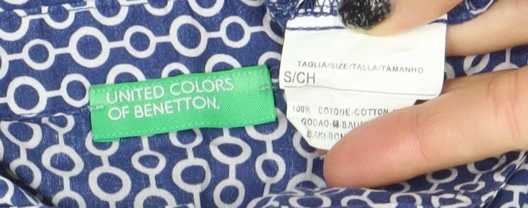 United Colors of Benetton Women's Blue Geometric Cotton Button-Up Shirt Size S