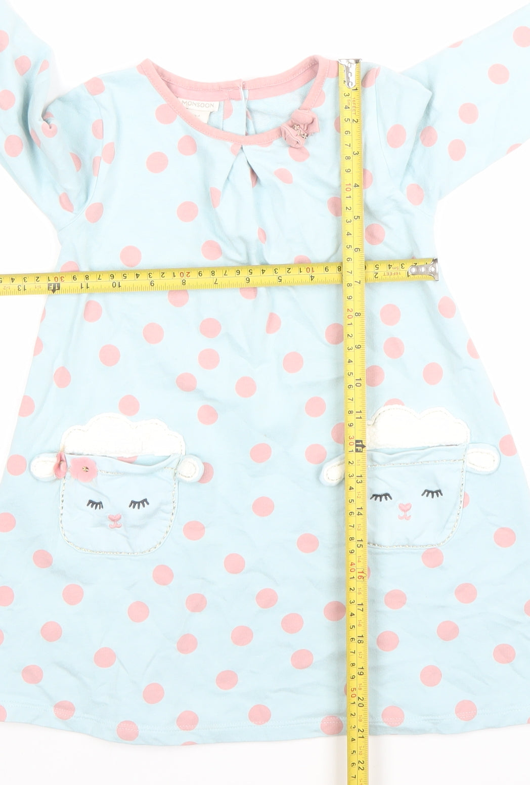 Monsoon Girls Blue Pink Polka Dot Animal Pocket A-Line Dress 3-4 Years