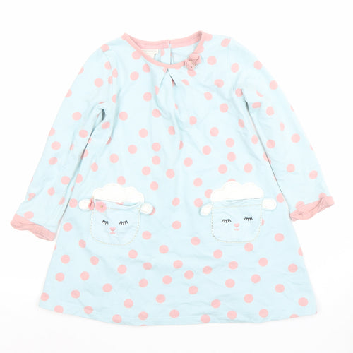 Monsoon Girls Blue Pink Polka Dot Animal Pocket A-Line Dress 3-4 Years