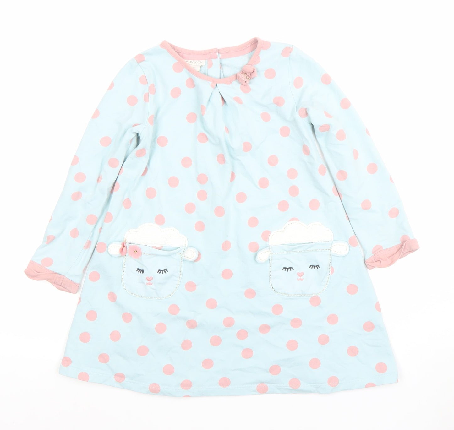 Monsoon Girls Blue Pink Polka Dot Animal Pocket A-Line Dress 3-4 Years