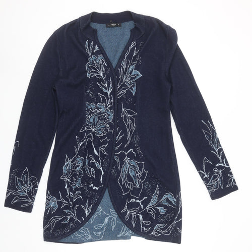 Ivko Women Blue Floral Embroidered Cotton Cardigan Size 8