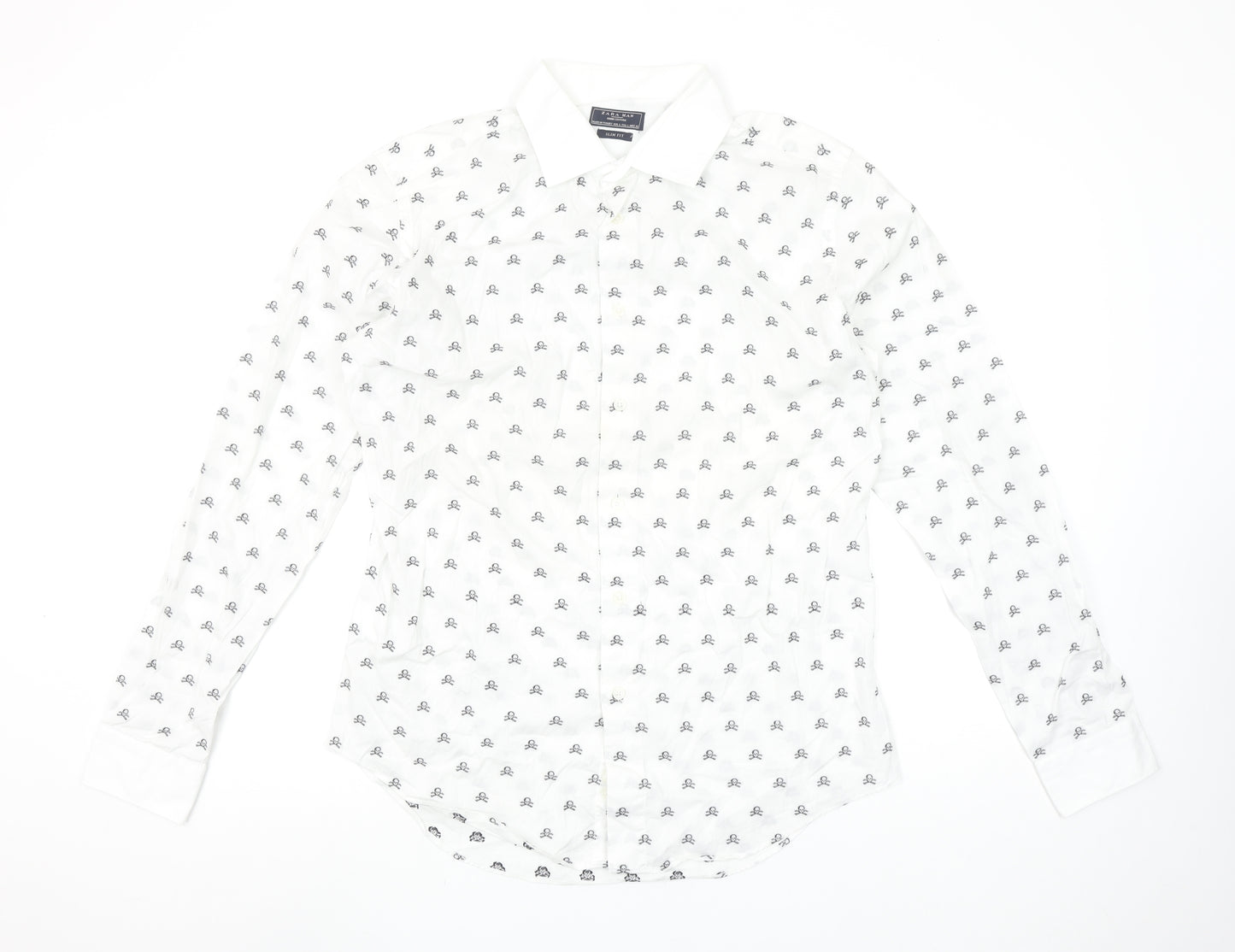 Zara Man White Slim Fit Skull Print Long Sleeve Shirt Size L