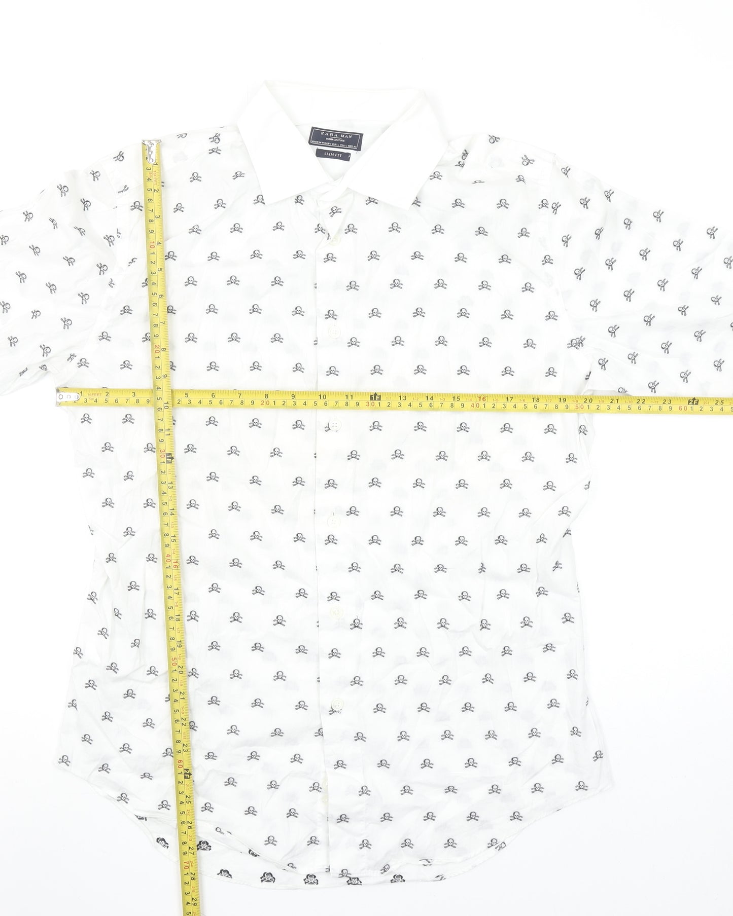 Zara Man White Slim Fit Skull Print Long Sleeve Shirt Size L