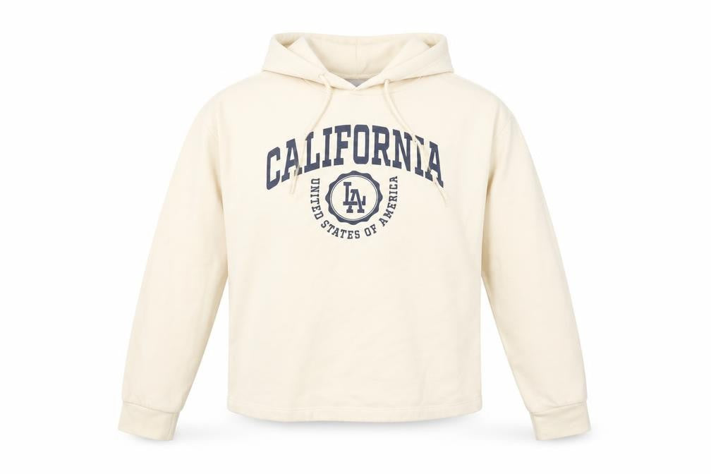 Front view of Only LIFE Women's Beige California LA Print Pullover Hoodie, size S