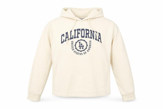 Front view of Only LIFE Women's Beige California LA Print Pullover Hoodie, size S