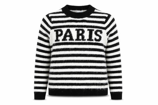 Front view of Primark Women Black & White Striped Paris Crew Neck jumper, size M