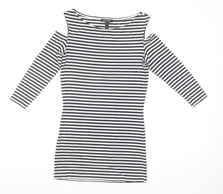 Baukjen Women’s Blue Striped Cold Shoulder 3/4 Sleeve Boat Neck T-Shirt Size 8