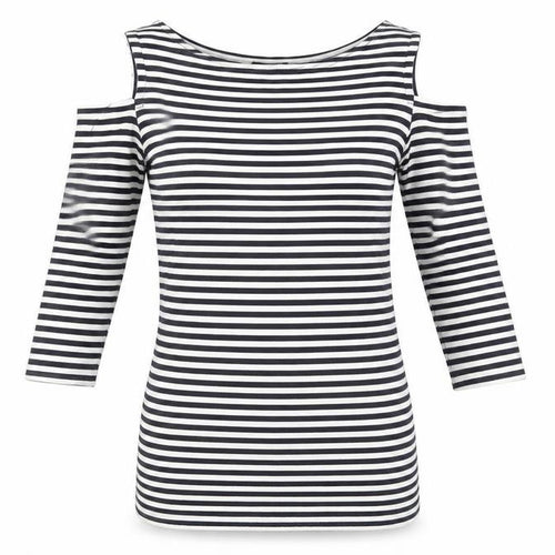 Baukjen Women’s Blue Striped Cold Shoulder 3/4 Sleeve Boat Neck T-Shirt Size 8