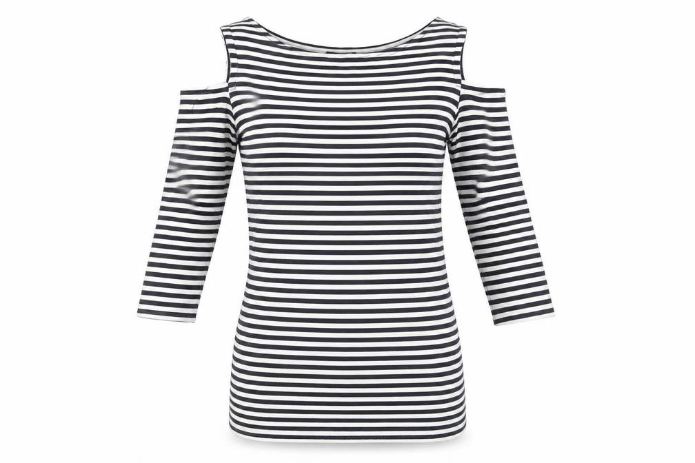 Baukjen Women’s Blue Striped Cold Shoulder 3/4 Sleeve Boat Neck T-Shirt Size 8