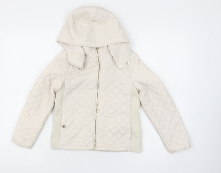 Massimo Dutti Girls Ivory Quilted Hooded Jacket 7 Years Full Zip Padded Coat