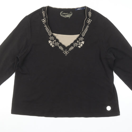 Dash Womens Black Size 22 Embroidered 3/4 Sleeve V-Neck T-Shirt