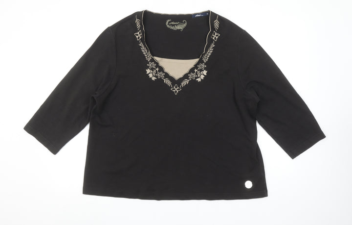 Dash Womens Black Size 22 Embroidered 3/4 Sleeve V-Neck T-Shirt