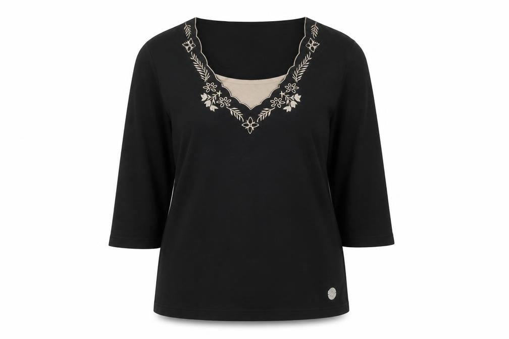 Dash Womens Black Size 22 Embroidered 3/4 Sleeve V-Neck T-Shirt