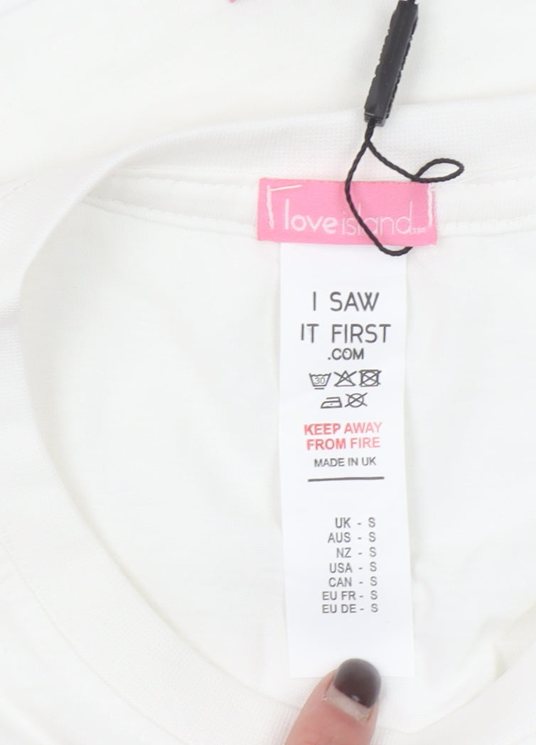Love Island Womens White Cotton T-Shirt Size S Casual Summer Top