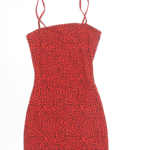 H&M Women Red Leopard Print Bodycon Mini Dress Size 6