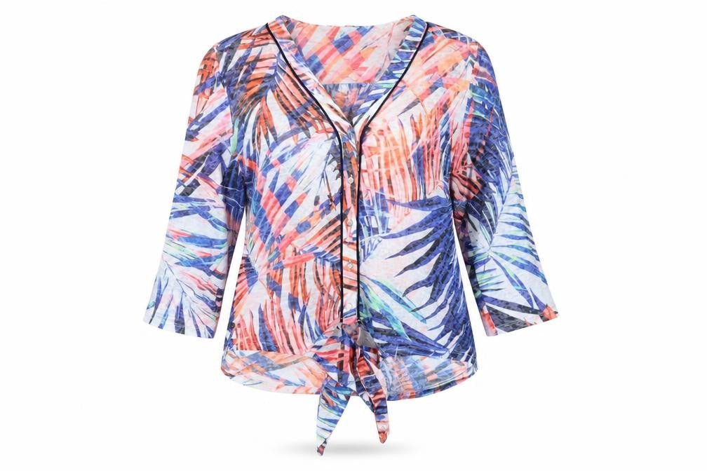 Front view of Roman Women’s Multicoloured Tropical Button Tie Front Blouse M