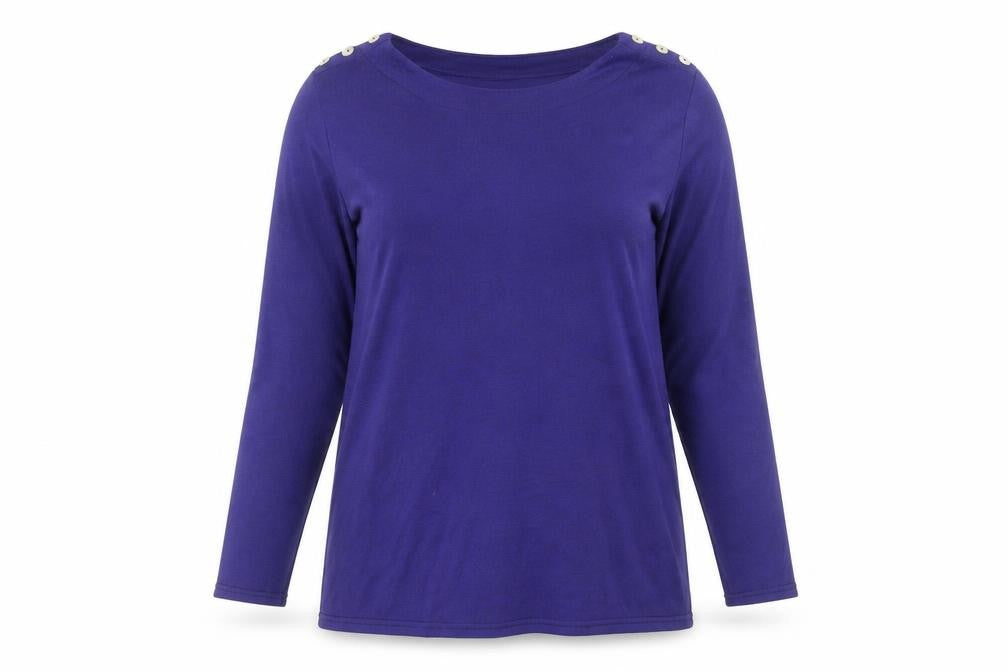 Front view of Alexara Women's Purple Button Shoulder 3/4 Sleeve Jumper, size 16