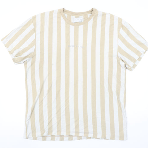 Topman Men's Beige White Striped XL Cotton Crew Neck T-Shirt