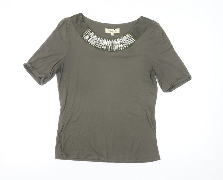 Viyella Womens Green Beaded Boat Neck Viscose T-Shirt Size S