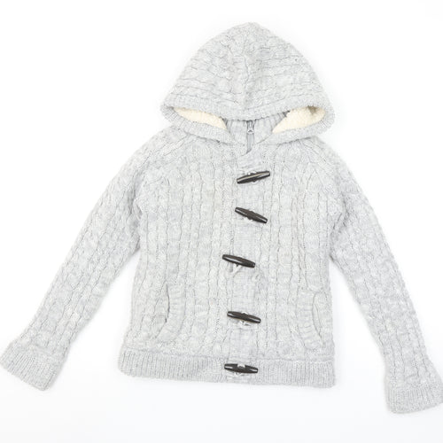 SoulCal & Co Boys Grey Hooded Cable-Knit Cardigan 9-10 Years Toggle Zip Warm
