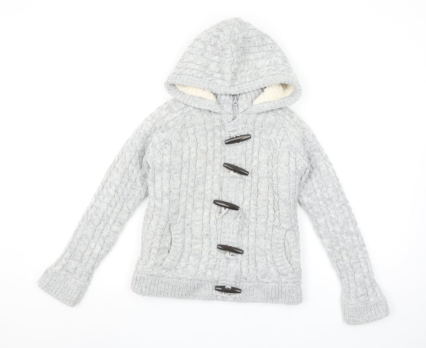 SoulCal & Co Boys Grey Hooded Cable-Knit Cardigan 9-10 Years Toggle Zip Warm