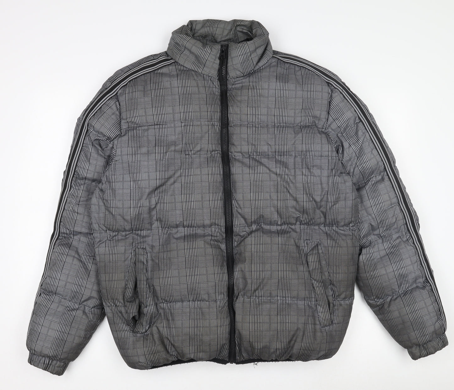 Brave Soul Men's Grey Check Puffer Jacket M Winter Polyester Zip Up