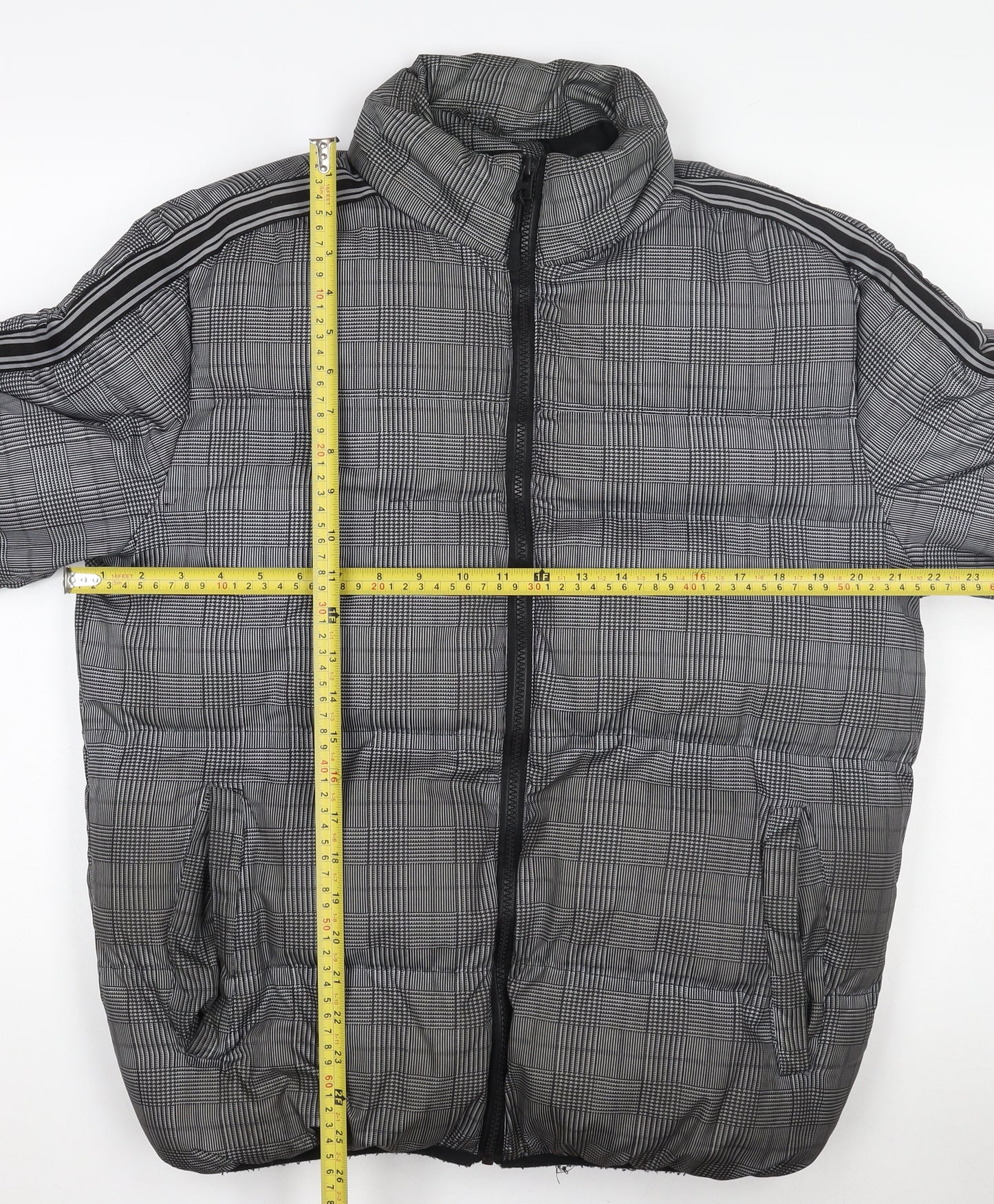 Brave Soul Men's Grey Check Puffer Jacket M Winter Polyester Zip Up