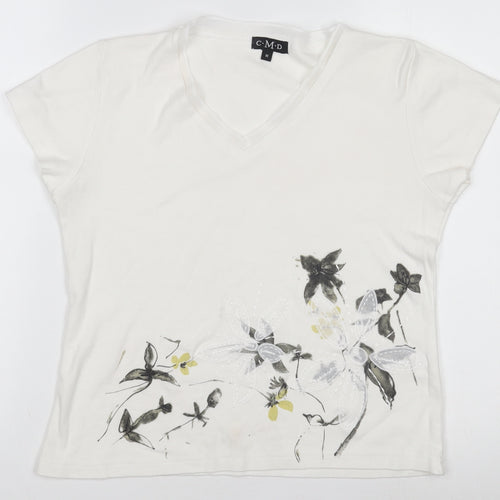 C.M.D Womens White Floral Embroidered V-Neck Cotton T-Shirt M